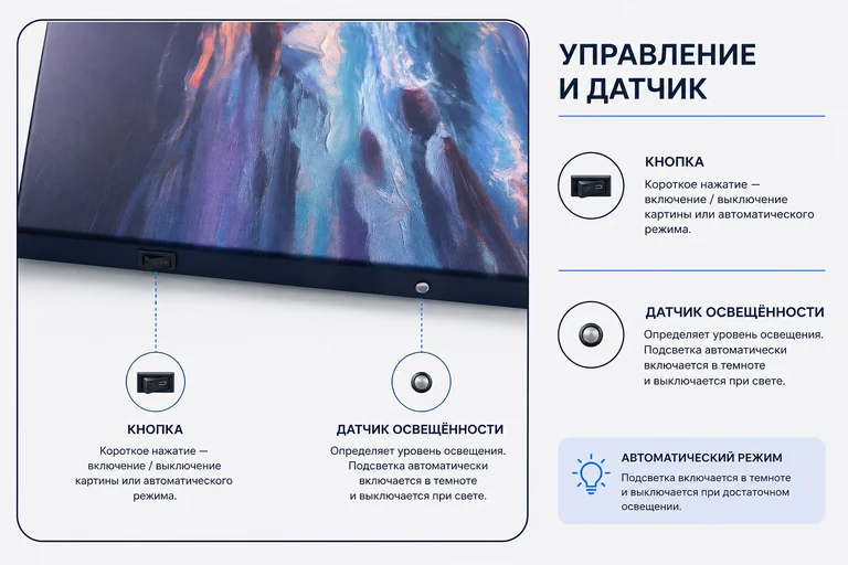 Кнопка и датчик освещенности на картине с подсветкой